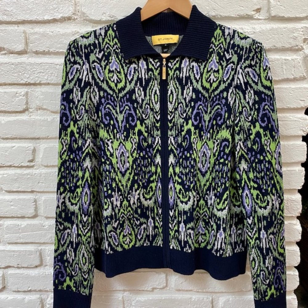 Luxury Brand St John Full Zipper Cardigan Sweater Green Blue Ikat Intarsia M